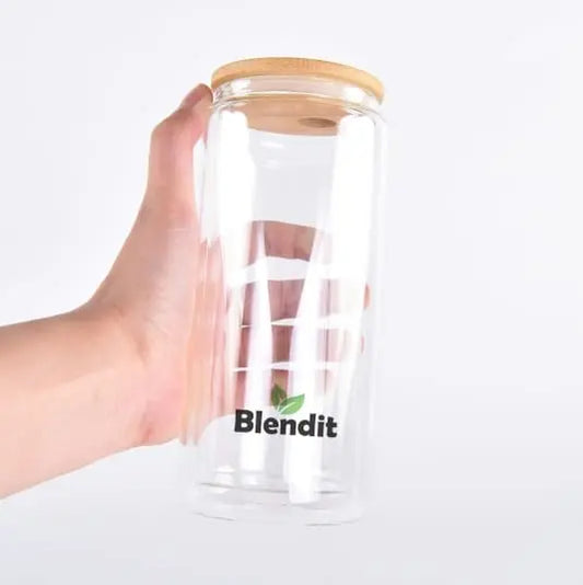 Blendit double-wall glass tumbler with bamboo lid 16oz 20oz