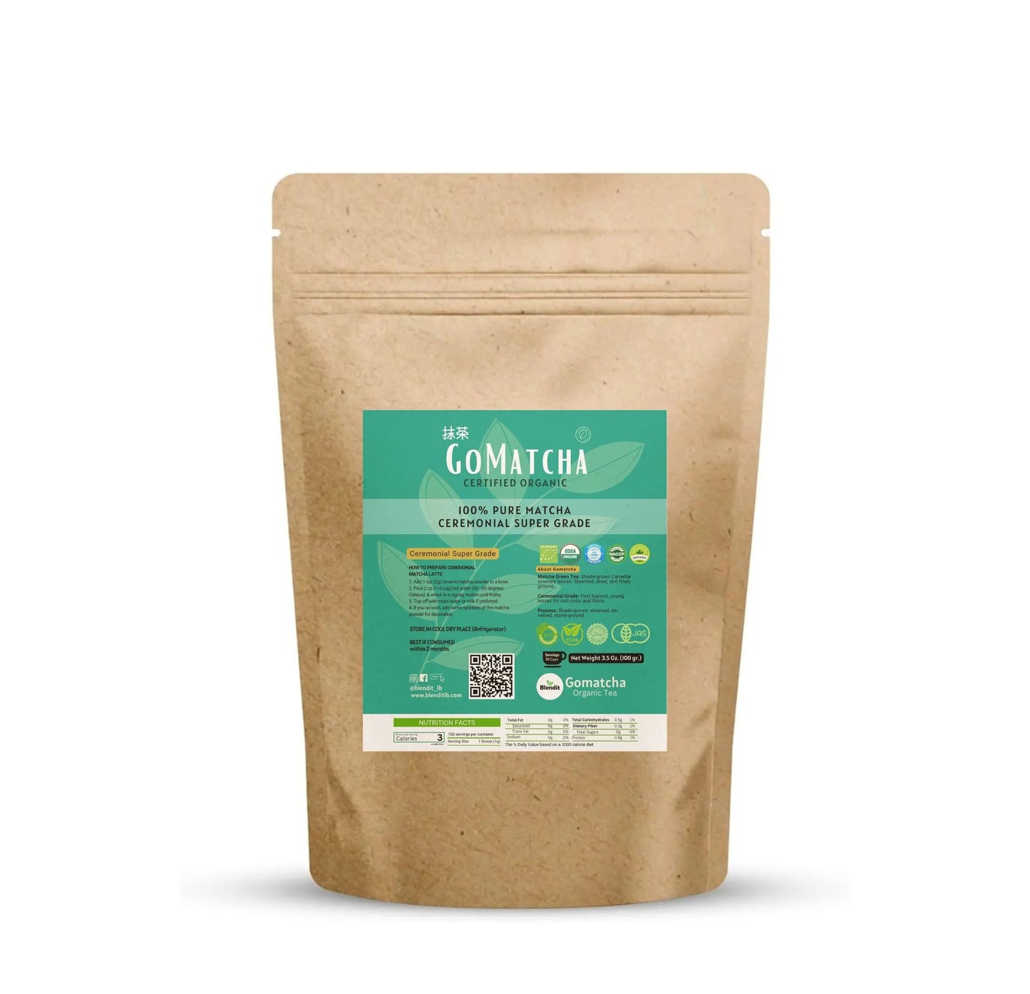Naturally Sweet Organic Matcha Powder, Bright Green Ceremonial Grade in 100gr Pack