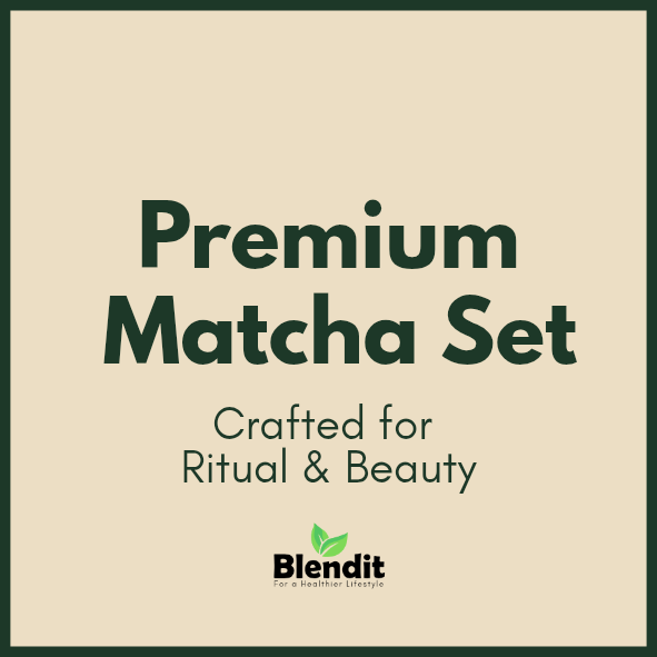 ⭐ Exclusive 5-Piece Japanese Matcha Set – Porcelain Spout Bowl, Purple Bamboo Whisk & Scoop, Sifter & Holder – 600ml Blendit