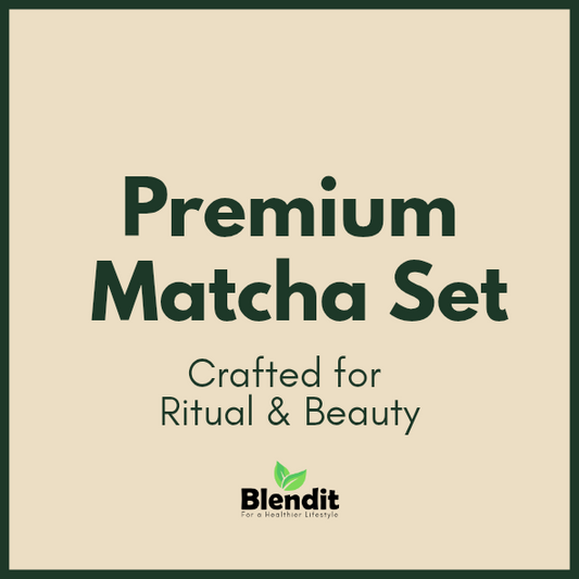 ⭐ Exclusive 5-Piece Japanese Matcha Set – Porcelain Spout Bowl, Purple Bamboo Whisk & Scoop, Sifter & Holder – 600ml Blendit