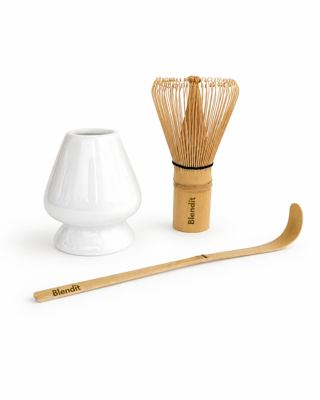 Bamboo whisk and scoop with a white container on a white background, featuring the brand 'Blendit'.