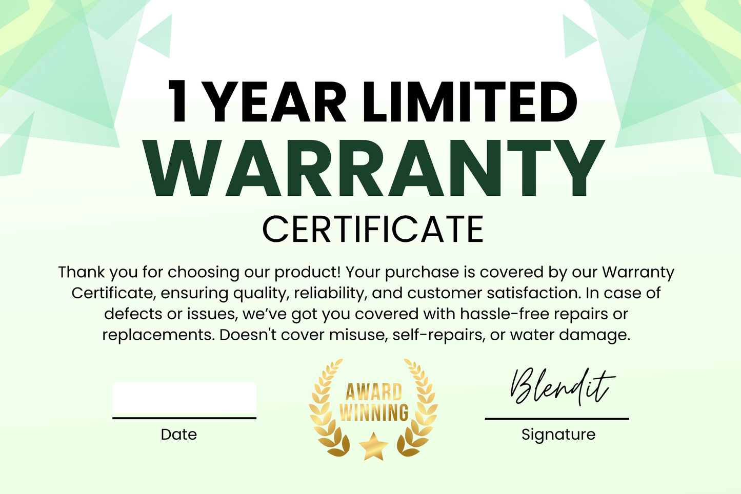 1 year warranty for Blendit portable blenders