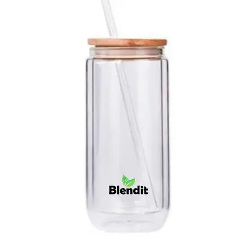 Blendit double-wall glass tumbler matcha shaker with bamboo lid 16oz 20oz