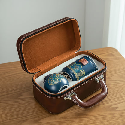 Luxury Portable Ceramic Tea Set with Leather Travel Case – Traditional Gongfu Style - Limited Edition Blendit