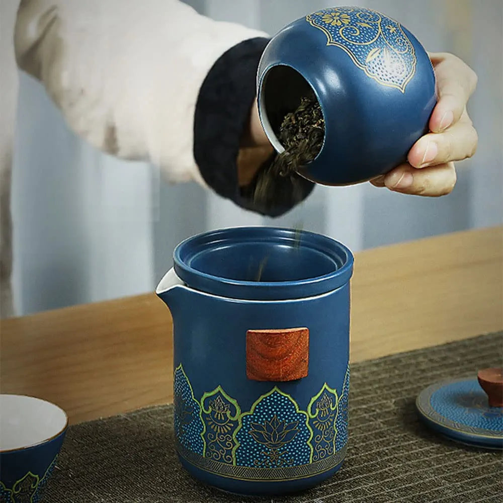Luxury Portable Ceramic Tea Set with Leather Travel Case – Traditional Gongfu Style - Limited Edition Blendit