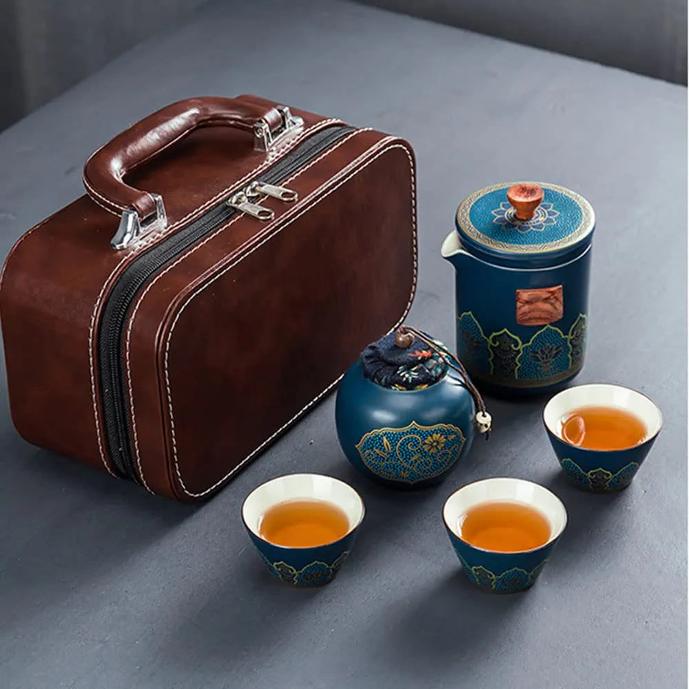 Luxury Portable Ceramic Tea Set with Leather Travel Case – Traditional Gongfu Style - Limited Edition Blendit