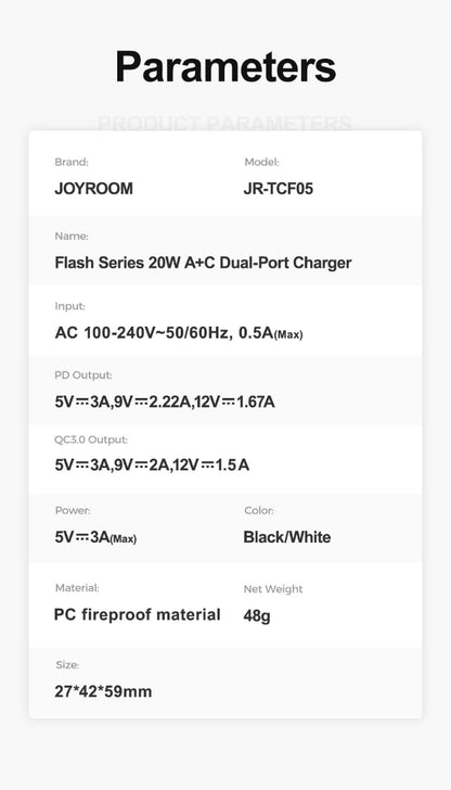 Blender Fast Charging Adapter.        JOYROOM original Flash Series 20w A+C  Dual-Port charger