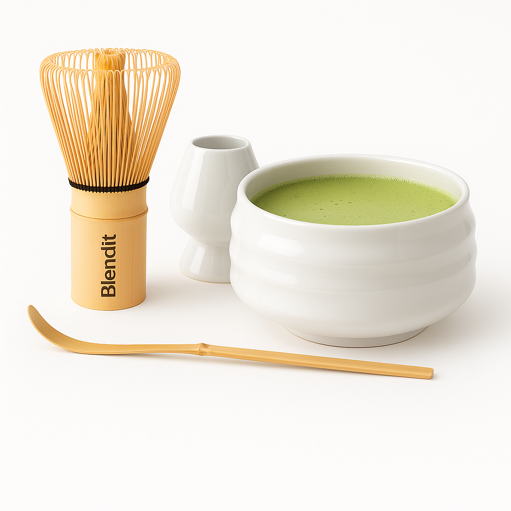 Japanese matcha ceremonial set with bamboo whisk and porcelain bowl