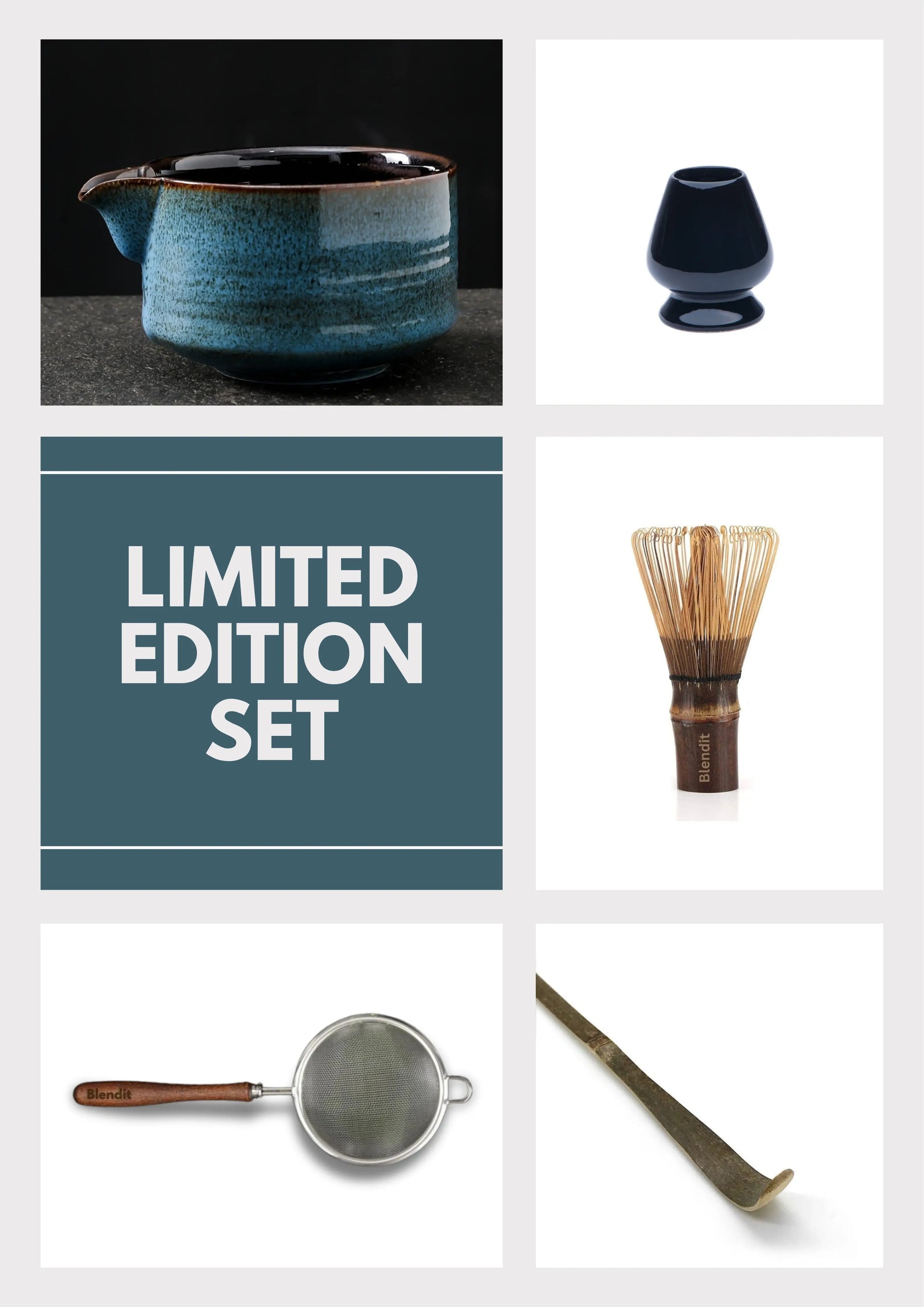 ⭐ Exclusive 5-Piece Japanese Matcha Set – Porcelain Spout Bowl, Purple Bamboo Whisk & Scoop, Sifter & Holder – 600ml Blendit