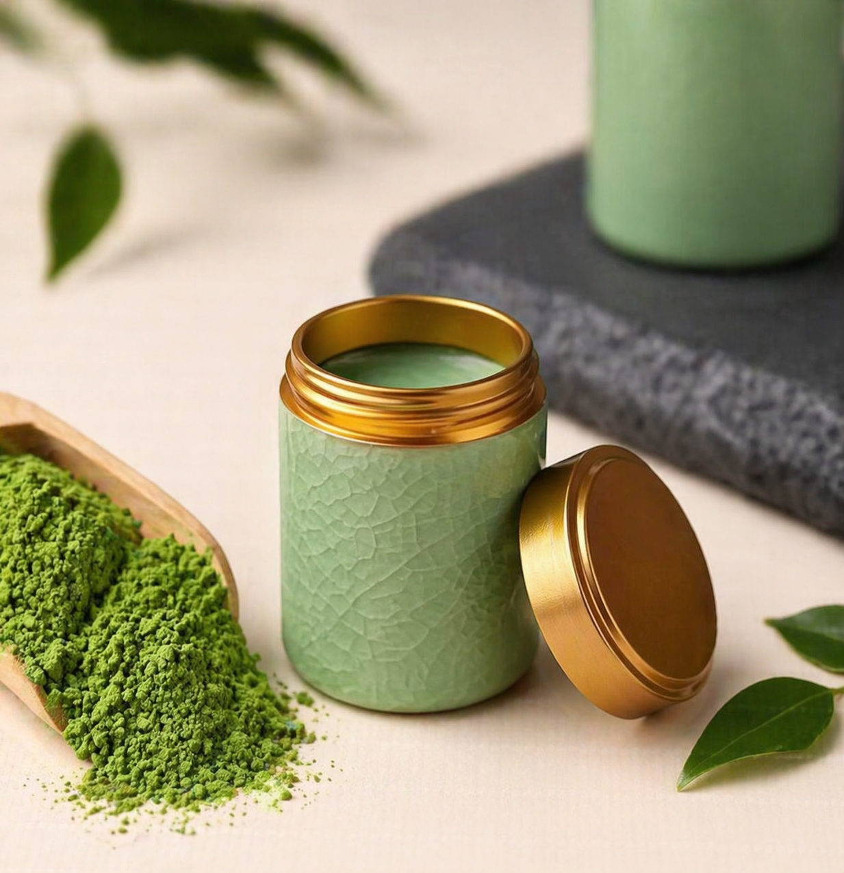 Green tea canister with gold lid on a light surface with green leaves.
