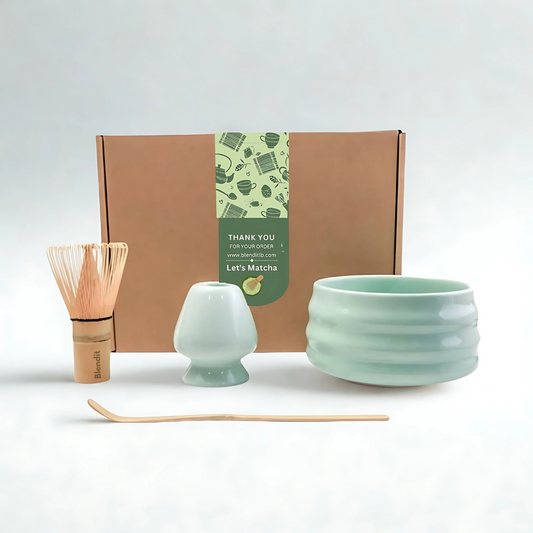 Japanese matcha ceremonial set with bamboo whisk and porcelain bowl